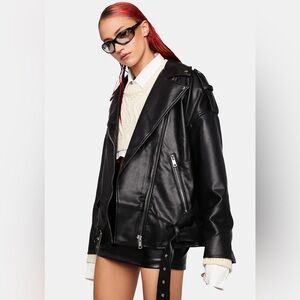 Large Lioness Deja Vu Moss Green Faux Leather Moto Jacket